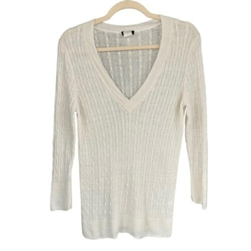 S4 J.Crew Sweater 100% Linen Cable Knit V-Neck Vintage‎ Coastal Cream White